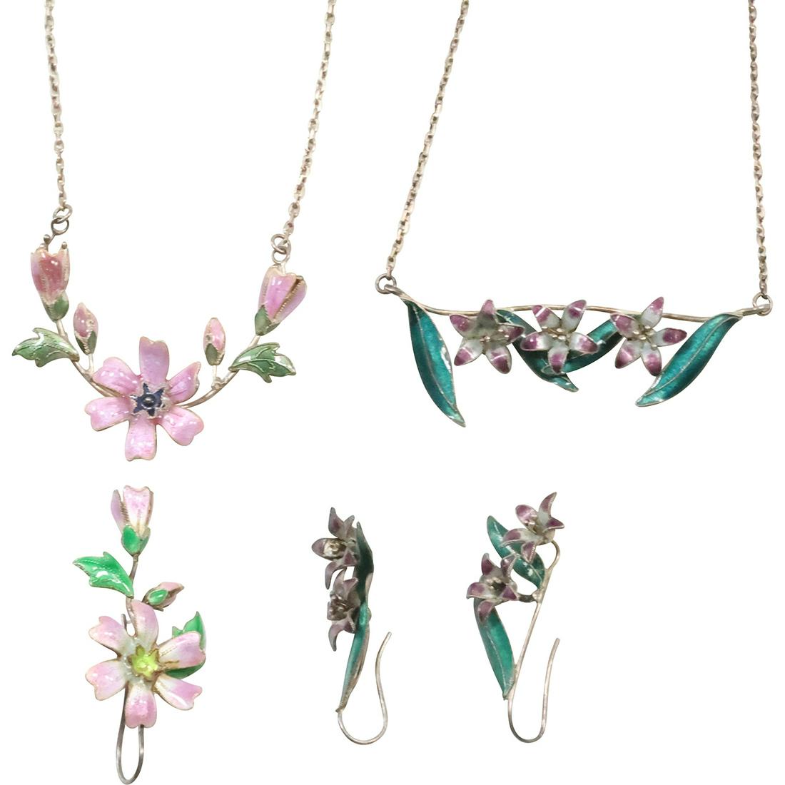 5 Pieces Victorian Enameled: 1900-1920s Sterling Enameled Necklace, Earring & Necklace Earrings (1 of 13)