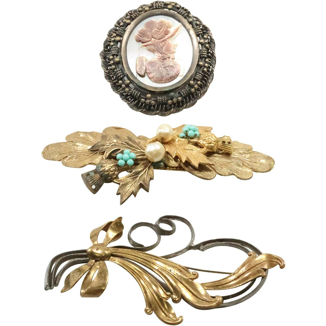 [3] Assorted Pins: Victorian Gold Tone Turquoise Faux Pearls Leaves Milk Thistle 4 1/4 in. x 2 in. ; (1 of 20)