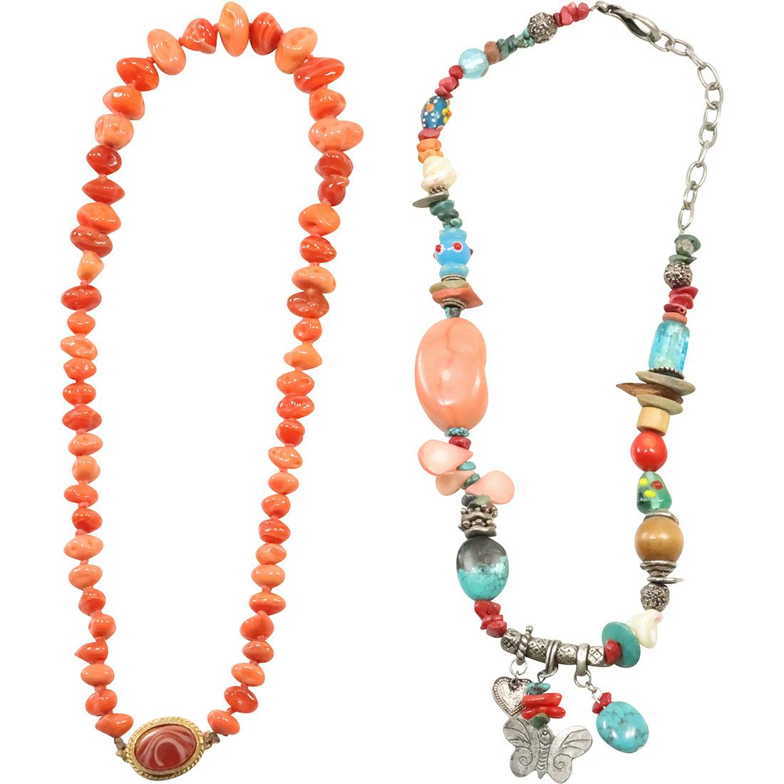 [2] Red Carnelian, Coral, Turquoise Necklace 18 in. & Murano Beads Necklace 18 in.: [2] Red Carnelian, Coral, Turquoise Necklace 18 in. & Murano Beads Necklace 18 in.