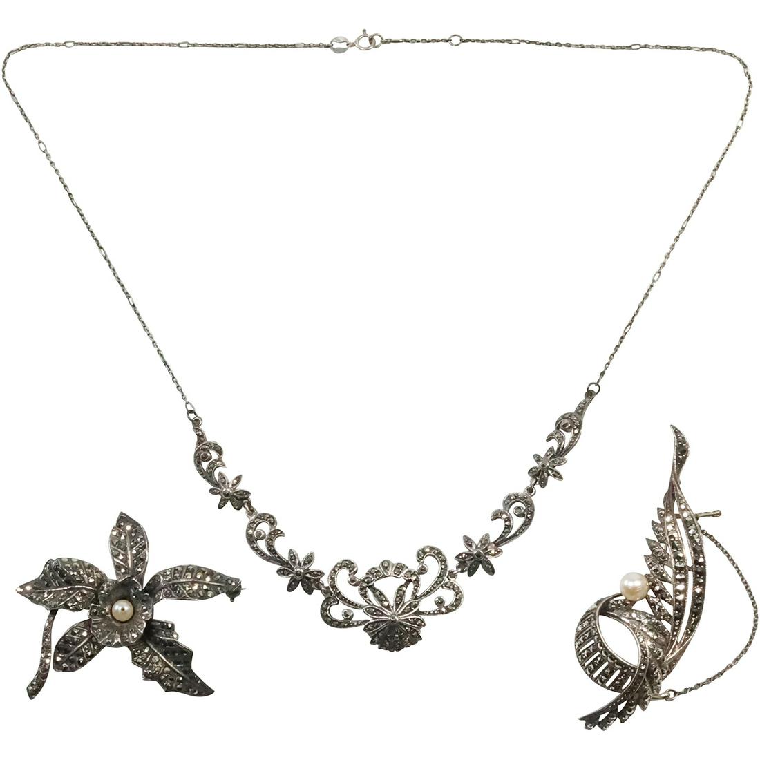 [3] .925 Sterling Marcasites Victorian Petals Necklace, 800 Silver Victorian Leaf Pin Cultured Pearl (1 of 14)