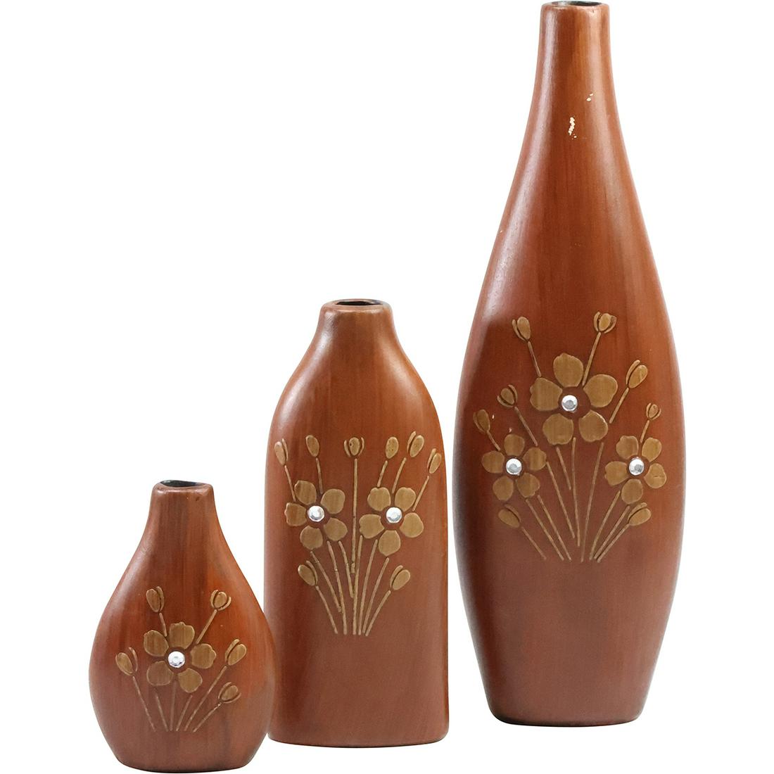 [3] Mid-Century Modern Teak Wood Graduated Sizes Vases with Inlaid Flowers 12.25 in. to 4.75 in.: [3] Mid-Century Modern Teak Wood Graduated Sizes Vases with Inlaid Flowers. 12 1/4 in. x 4 in. ; 7 3/8 in. x 3 1/4 in. ; 4 3/4 in. x 3 1/4 in.