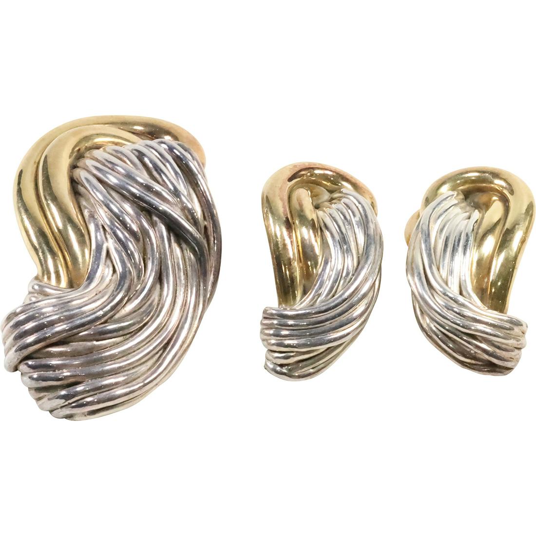 3 pc. .925 Sterling Silver Mid-Century Modern 2-tone Twisted Strands Pin and Matching Earrings (1 of 13)
