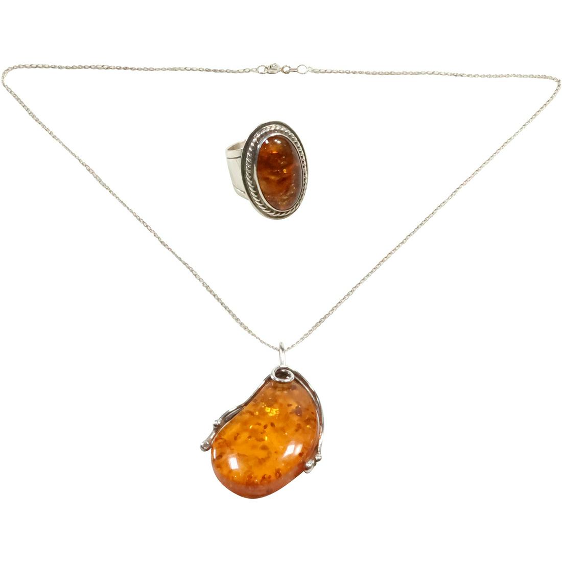 [2] DI .925 Sterling Silver Amber Ring Size 6.75 and .925 Sterling Amber Pendant Necklace 18 in. (1 of 16)
