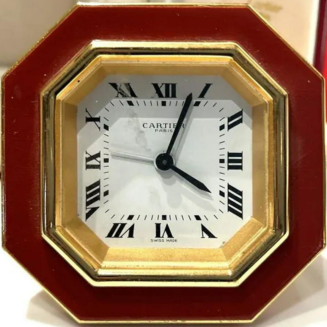 CARTIER Alarm Clock Lacquered Red 8-Day Movement in Original Box, clock size 3 in. x 3 in. x 1.5 in. (1 of 7)