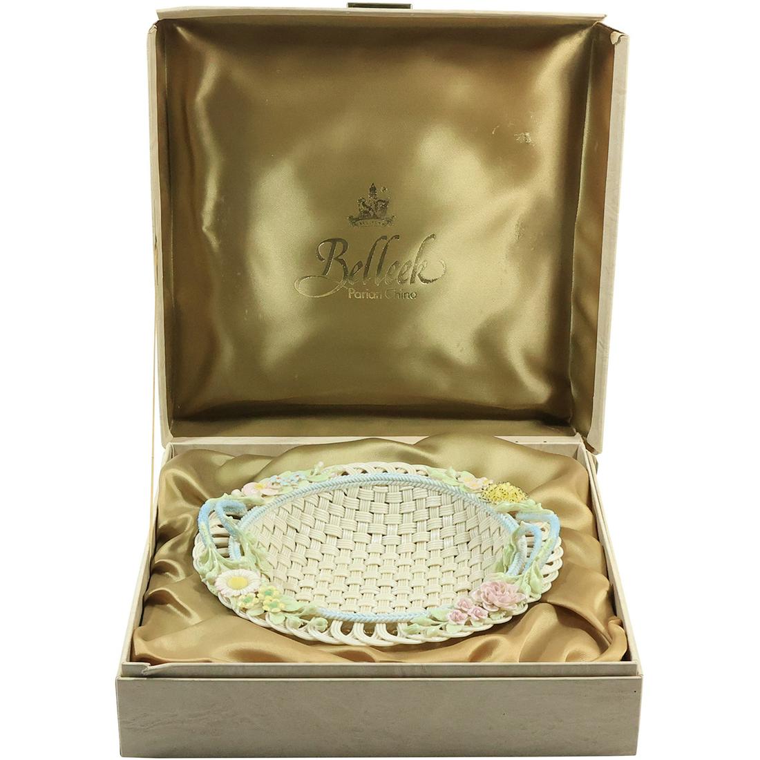Rare BELLEEK fine Porcelain Basket Weave Bowl with Handles. Dahlias, Sunflowers, Buds, in Box (1 of 20)