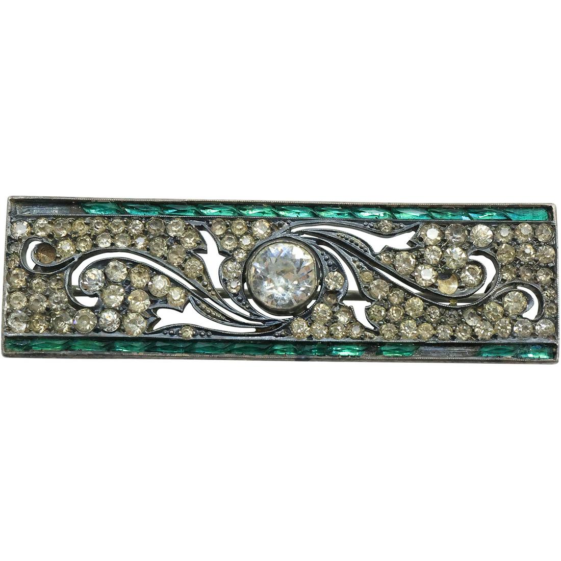 .925 Sterling Silver Art Deco Pin Green Clear Rhinestones [some stones missing] 2 1/4 in. x 5/8 in. (1 of 13)