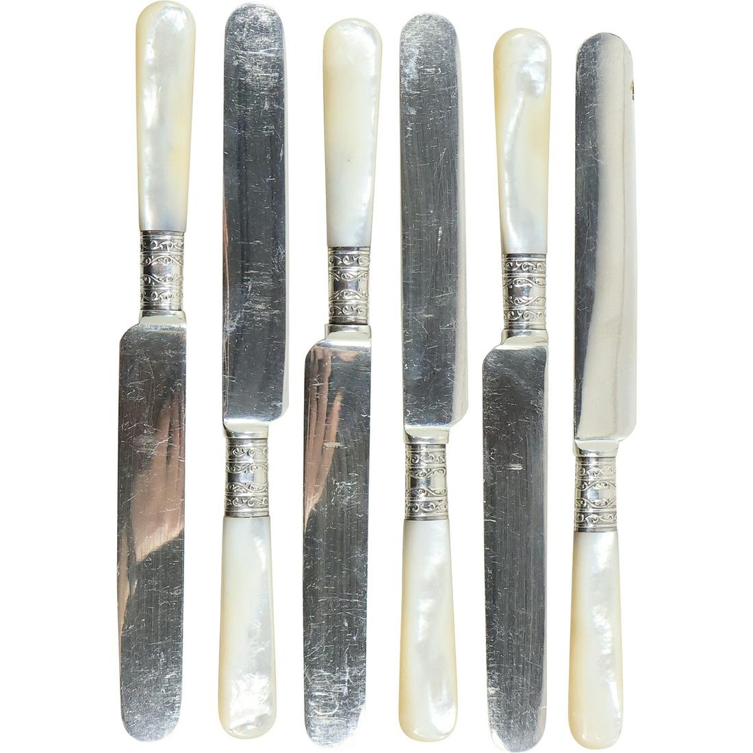 [6] Sterling Band MOP Handles Dinner Knives  7 3/4 in. x  3/4 in. (1 of 10)