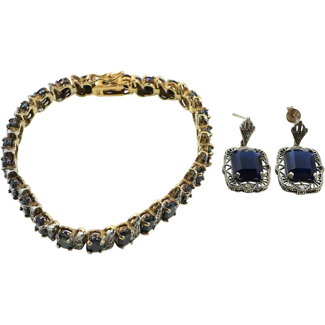 .925 Sterling Silver with Sapphires Tennis Bracelet & .925 Sterling Synthetic Sapphires Earrings (1 of 16)