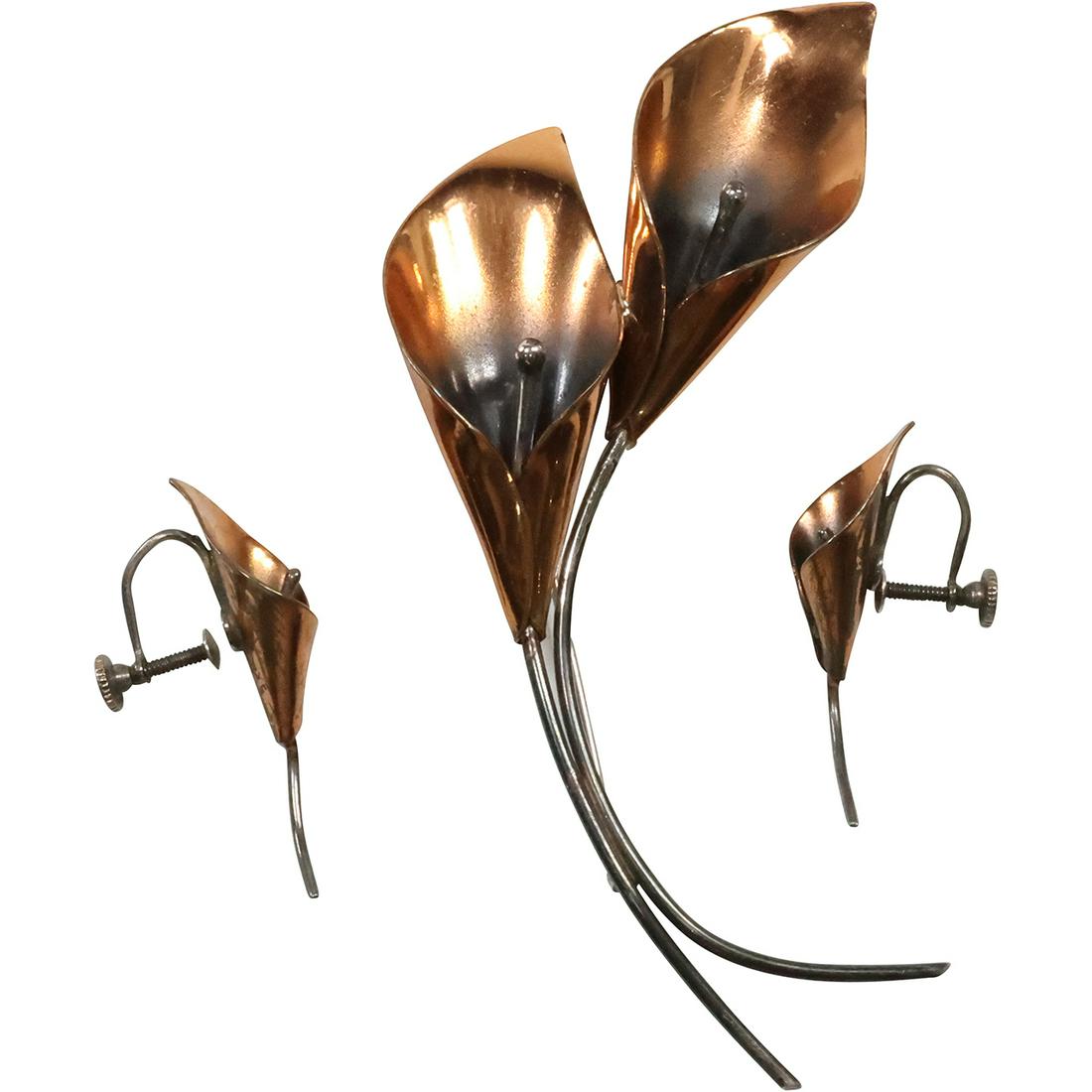 3 Pc Copper and Sterling Silver NE Niels Erik Denmark Calla Lily Pin and Earrings (1 of 13)