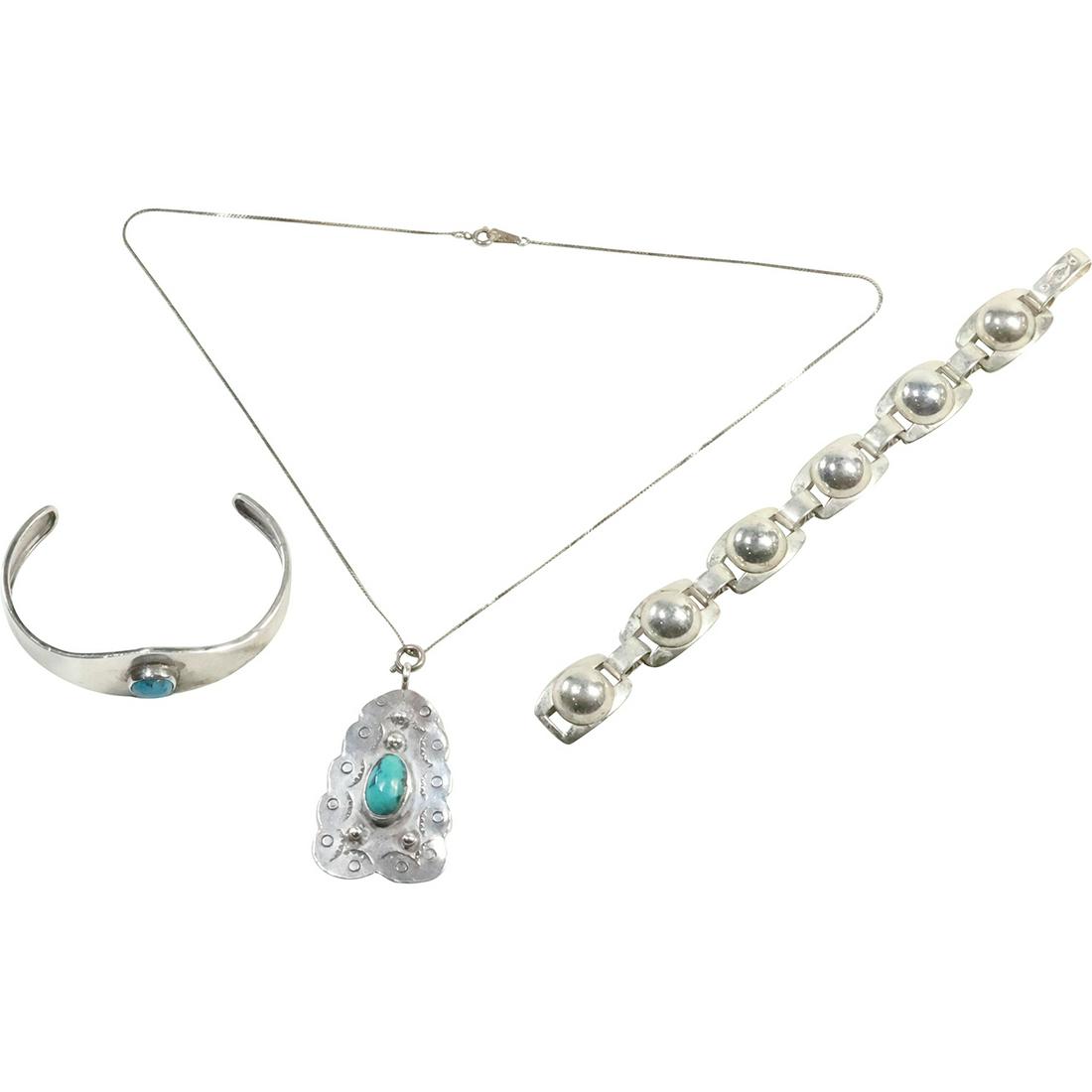 [3] Sterling Silver 6-Panels Half Circle Bracelet, .925 Mexico Sterling with Turquoise Cuff Bracelet (1 of 14)