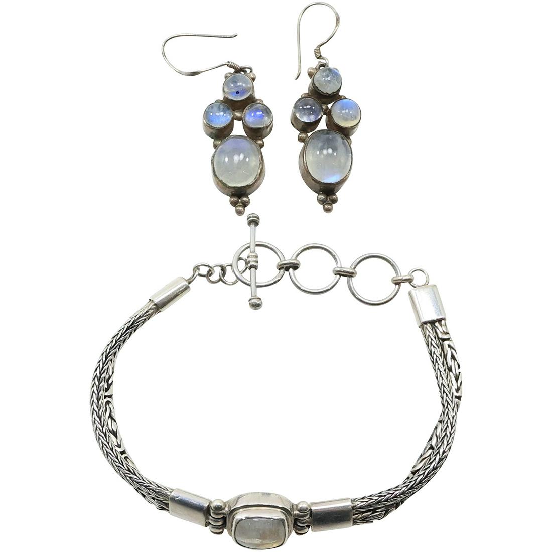 .925 Sterling Silver Moodstone Opaline Double Different Stands Bracelet & Pierced Earrings: .925 Sterling Silver Moodstone Opaline Double Different Stands Bracelet 8 in. x 1/2 in. & .925 Sterling Silver Moodstones Opaline Pierced Earrings 2 in. x 1/2 in.
