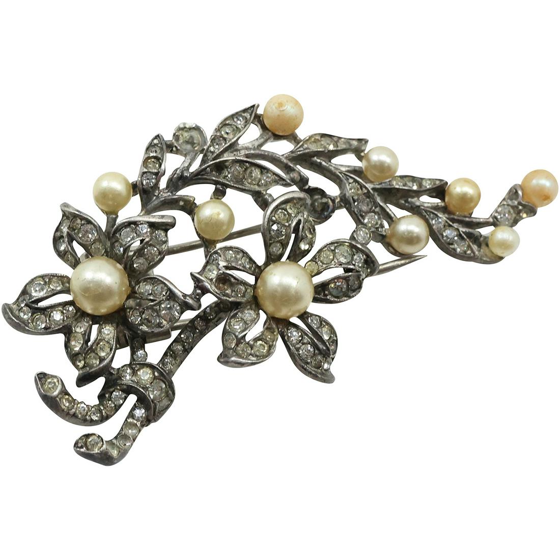 Trifari Dress Clip Rhinestones and Faux Pearls Sterling 2 1/2 in. x 1 1/2 in. [2 pearls missing]: Trifari Dress Clip Rhinestones and Faux Pearls Sterling 2 1/2 in. x 1 1/2 in. [2 pearls missing]