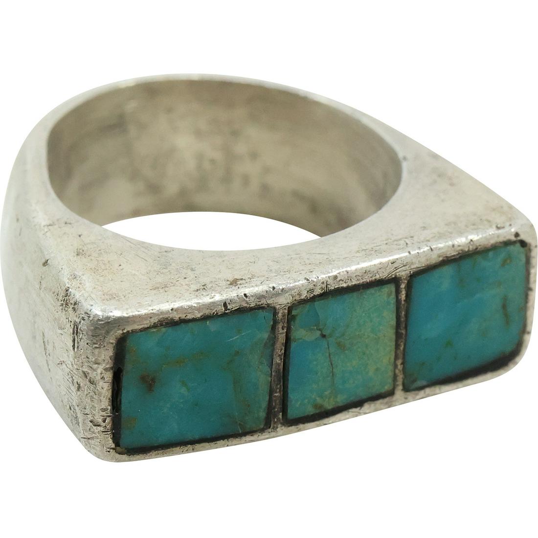 Sterling Silver and Turquoise American Indian Navajo Men's Ring Size 12, 1 1/8 in. x 7/8 in. (1 of 9)