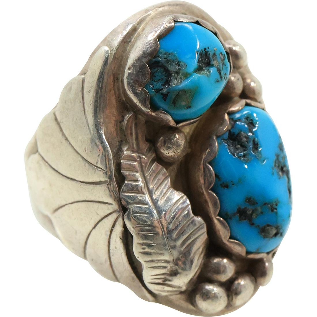 Sterling Silver and Turquoise Native American Navajo Ring Size 7,  7/8 in. x 1 1/8 in. (1 of 11)