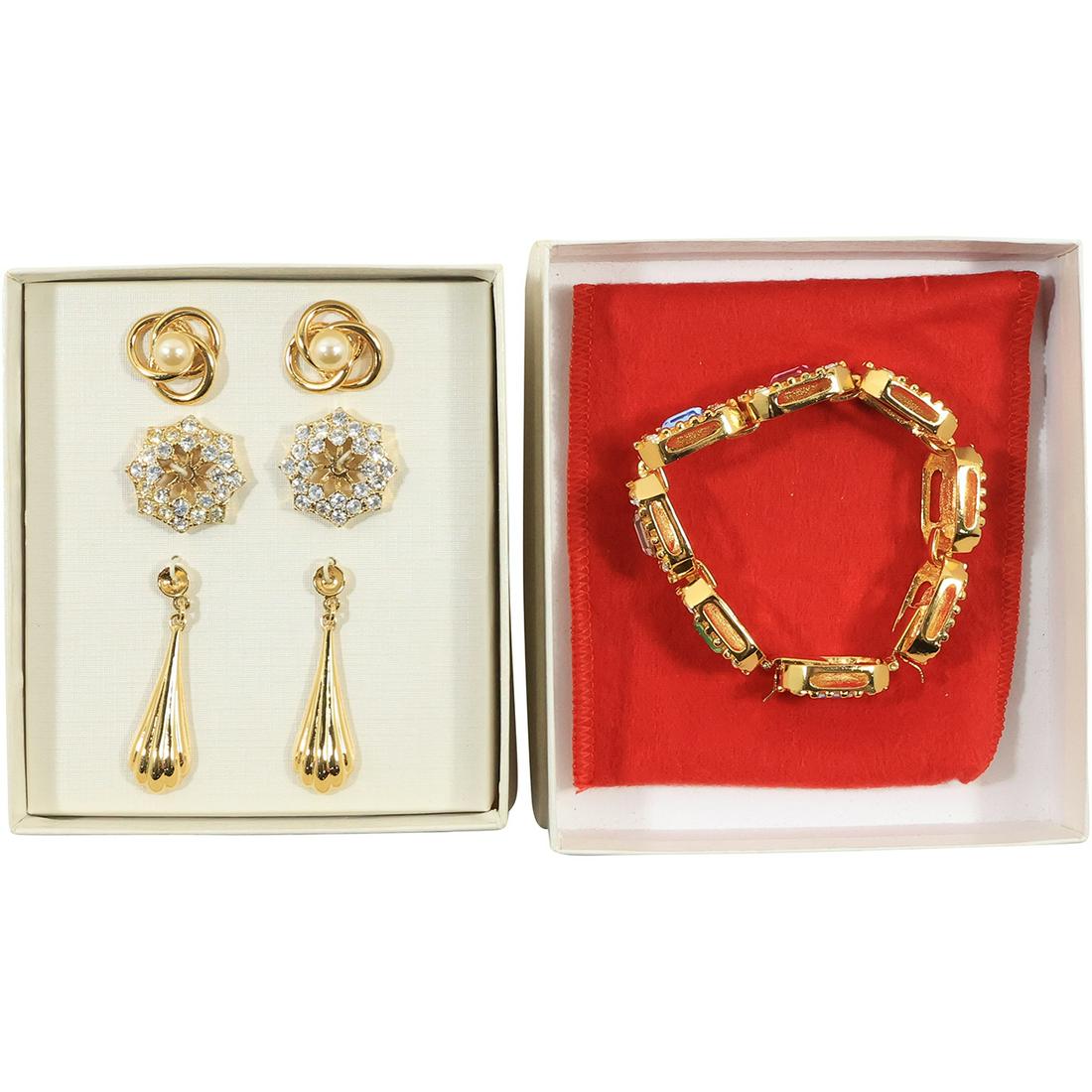 KJL Kenneth Jay Lane Gold Tone Multi Color Bracelet and 3 Pairs Earrings KJL Pearls Rhinestones (1 of 18)