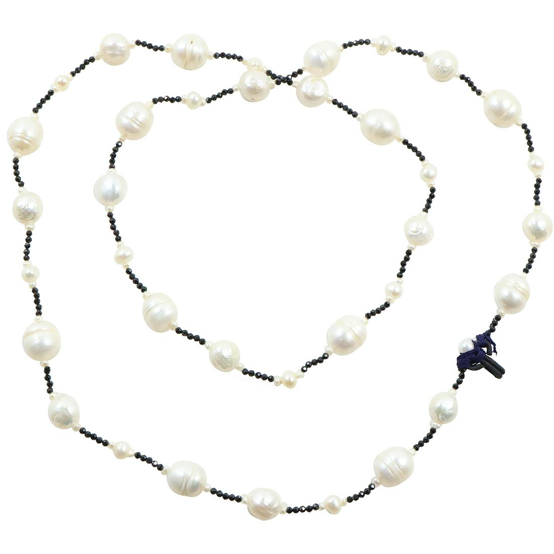 Long Strand Genuine Baroque White Pearls with Black Onyx Beads , White Cultured Pearls Necklace (1 of 12)