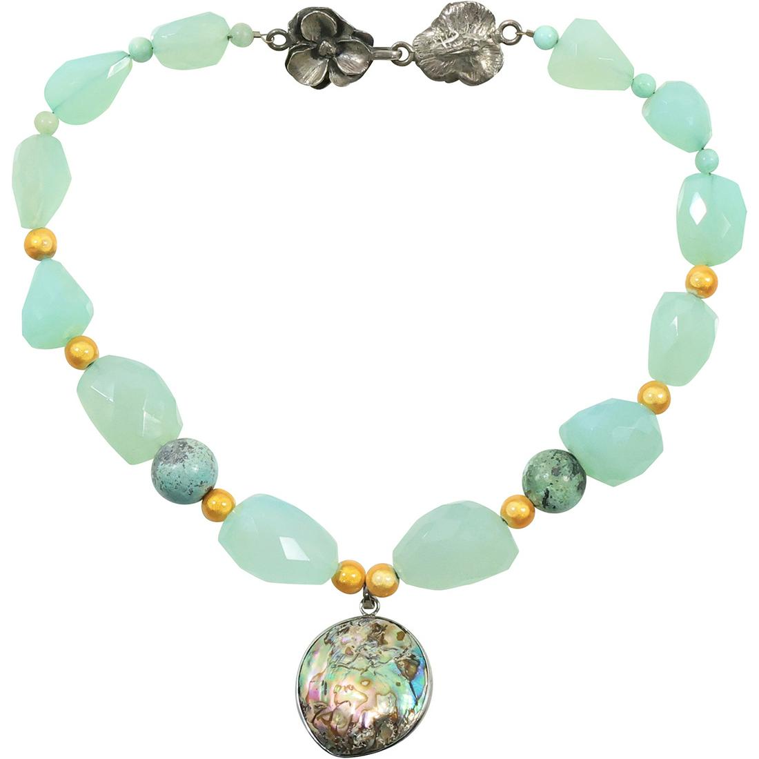 .925 Sterling Closure Judy Canfield Henry Large Chalcedony Beads Abalone Pendant Necklace (1 of 15)
