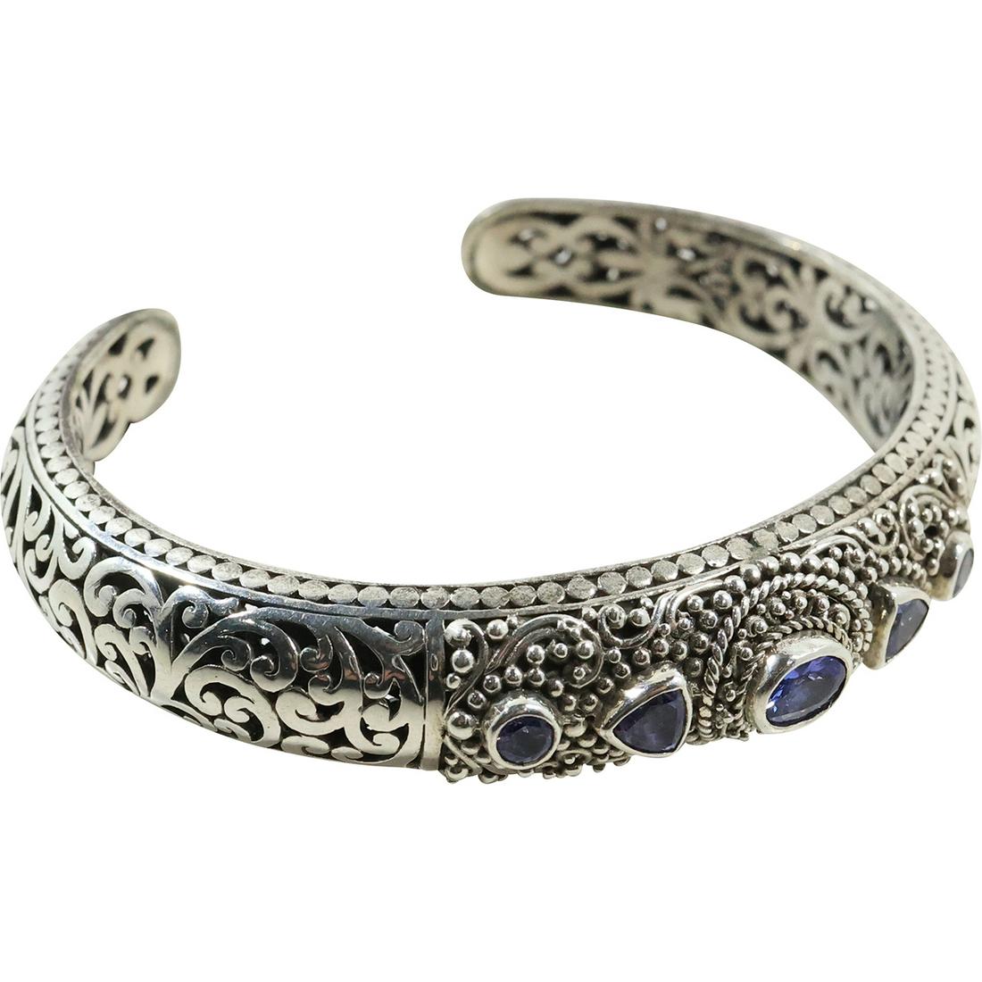 marked Sanda Sterling Silver Elaborate Filigree Work with Tanzanite Cuff Bracelet 2 1/4 in. x 1 7/8: marked Sanda Sterling Silver Elaborate Filigree Work with Tanzanite Cuff Bracelet 2 1/4 in. x 1 7/8