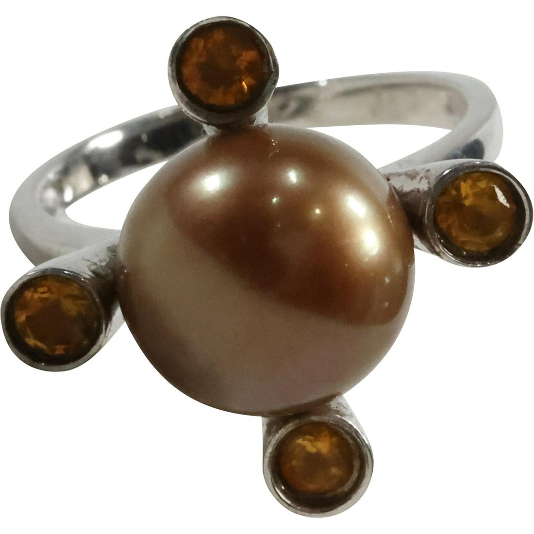 Sterling Silver Setting with 4 Citrines and Genuine Cultured Antique Brass Pearl Ring Size 7.5 (1 of 7)