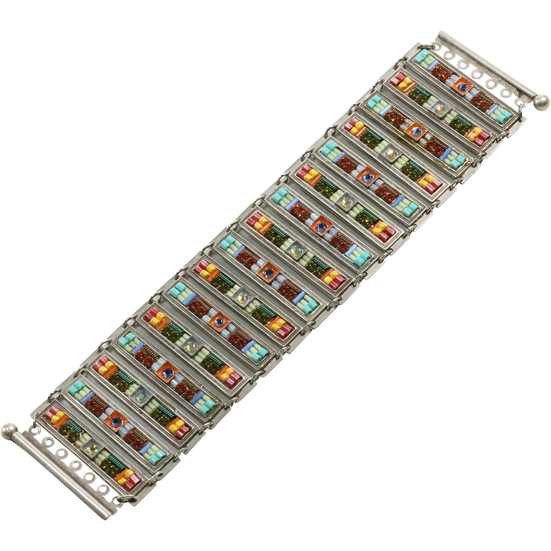 Signed Adaya Vintage Silver Tone Panels with Hand Made Crystals Bracelet Israel 7 in. x 3/4 in. (1 of 8)