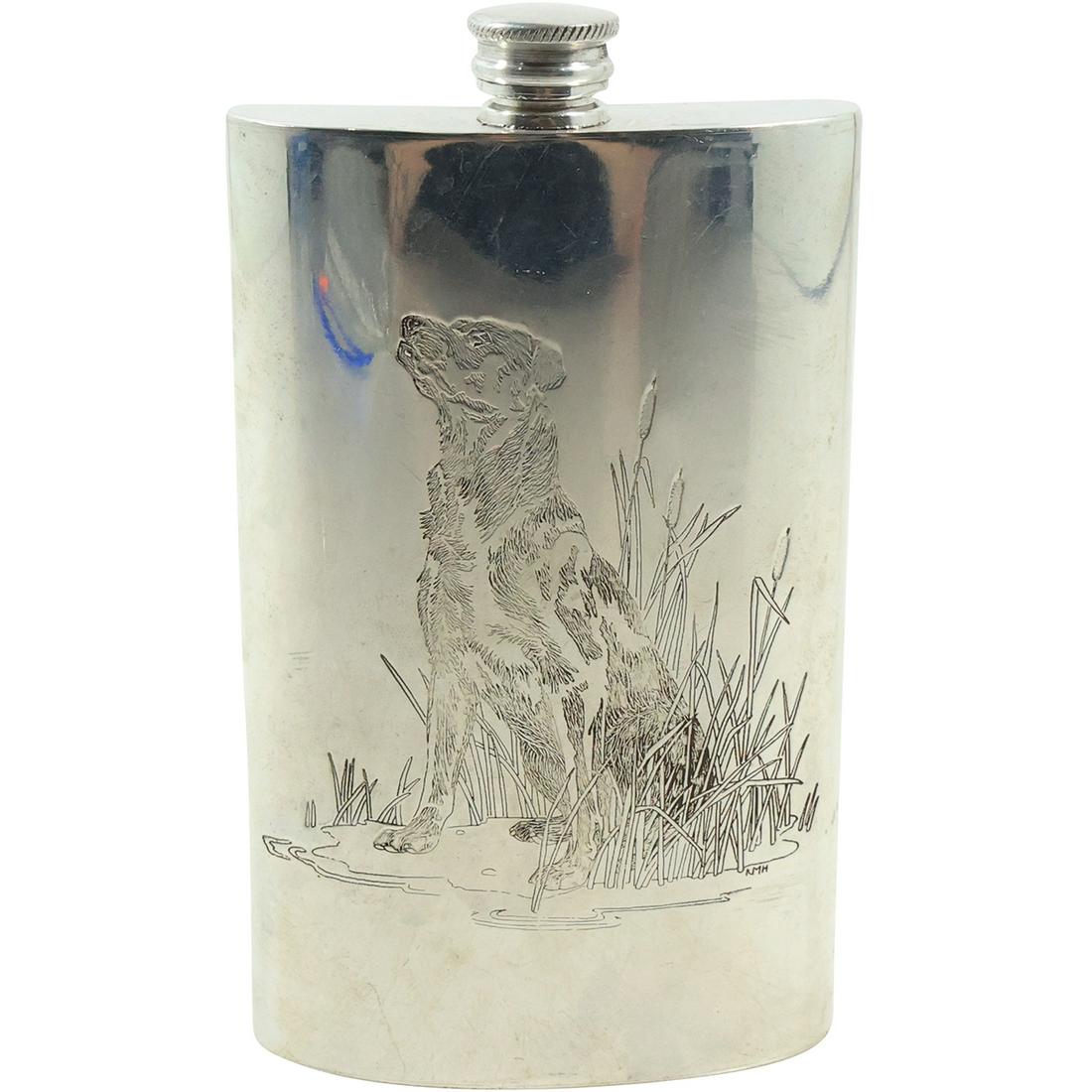 Sheffield England Silver Plate 8 oz. Orvis Flask LABRADOR RETREIVER DOG marked KMH (1 of 11)
