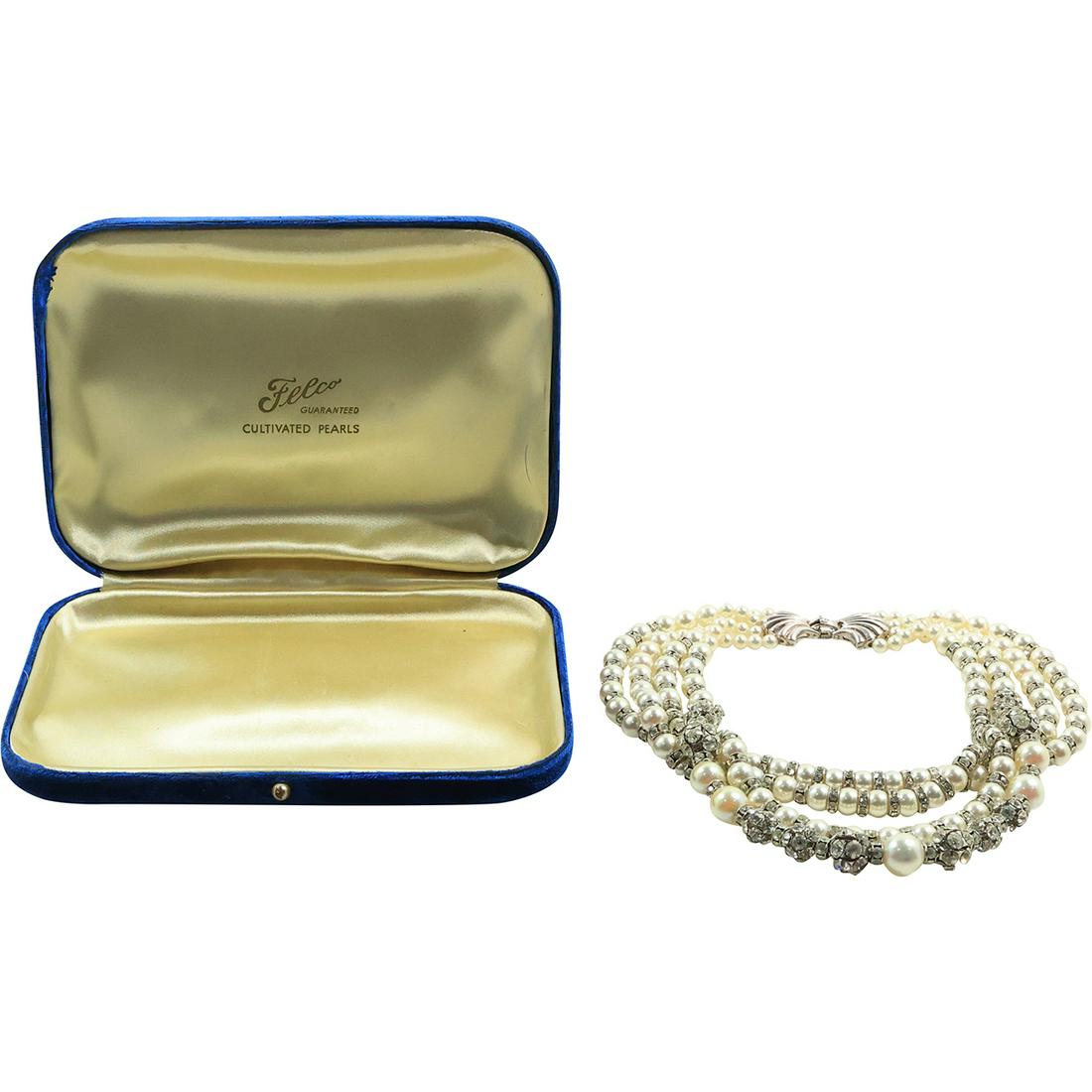 .925 Sterling Silver with Faux Pearls 1950s Rhinestone 4-Strand Necklace 14 in. x 1 1/4 in. (1 of 16)