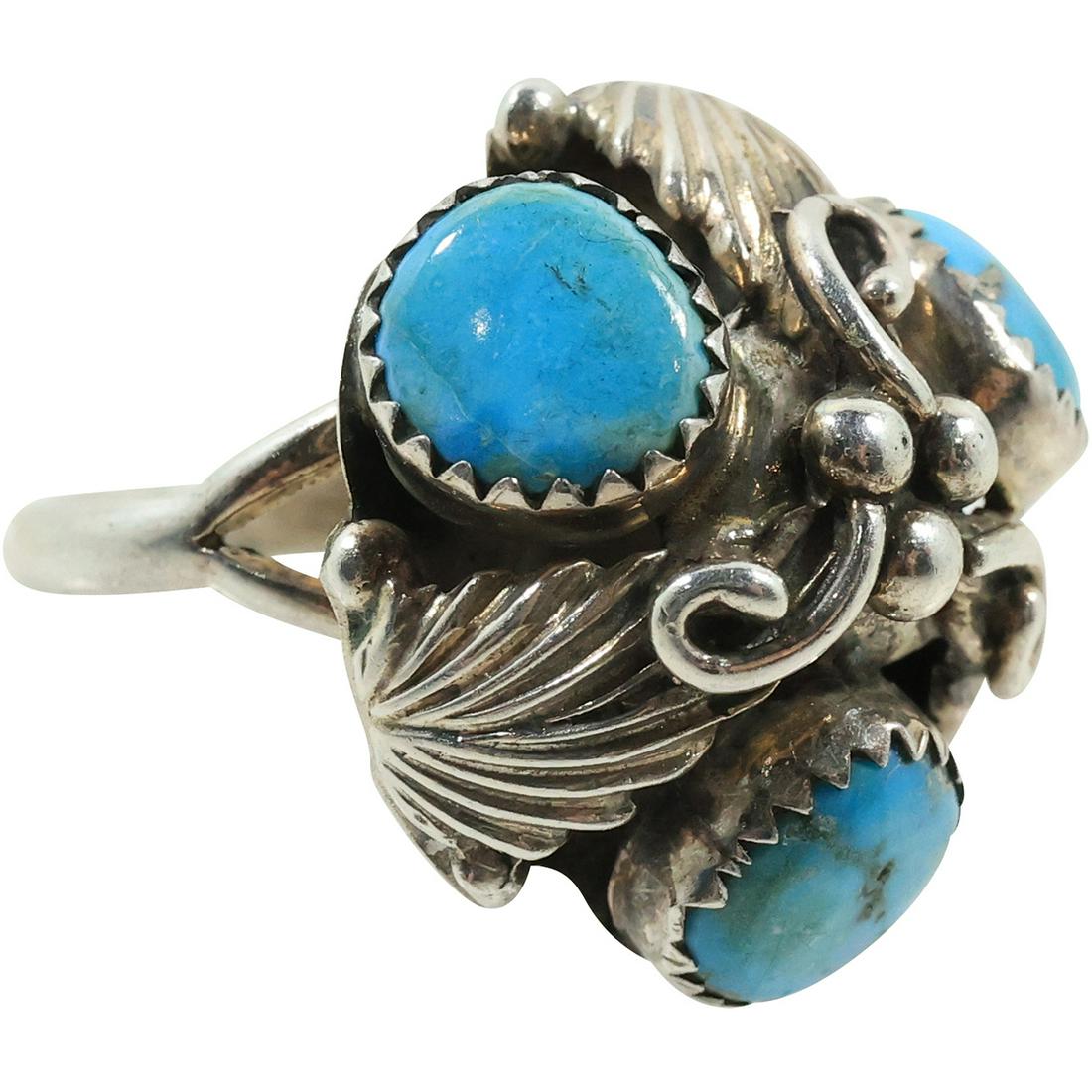 M.R. Michael Rogers Sterling Silver & Turquoise Native American Navajo Ring Size 8: M.R. Michael Rogers, Paiute Indian Tribe of Utah, Sterling Silver & Turquoise Native American Navajo Ring Size 8 , 7/8 in. x 1 in.