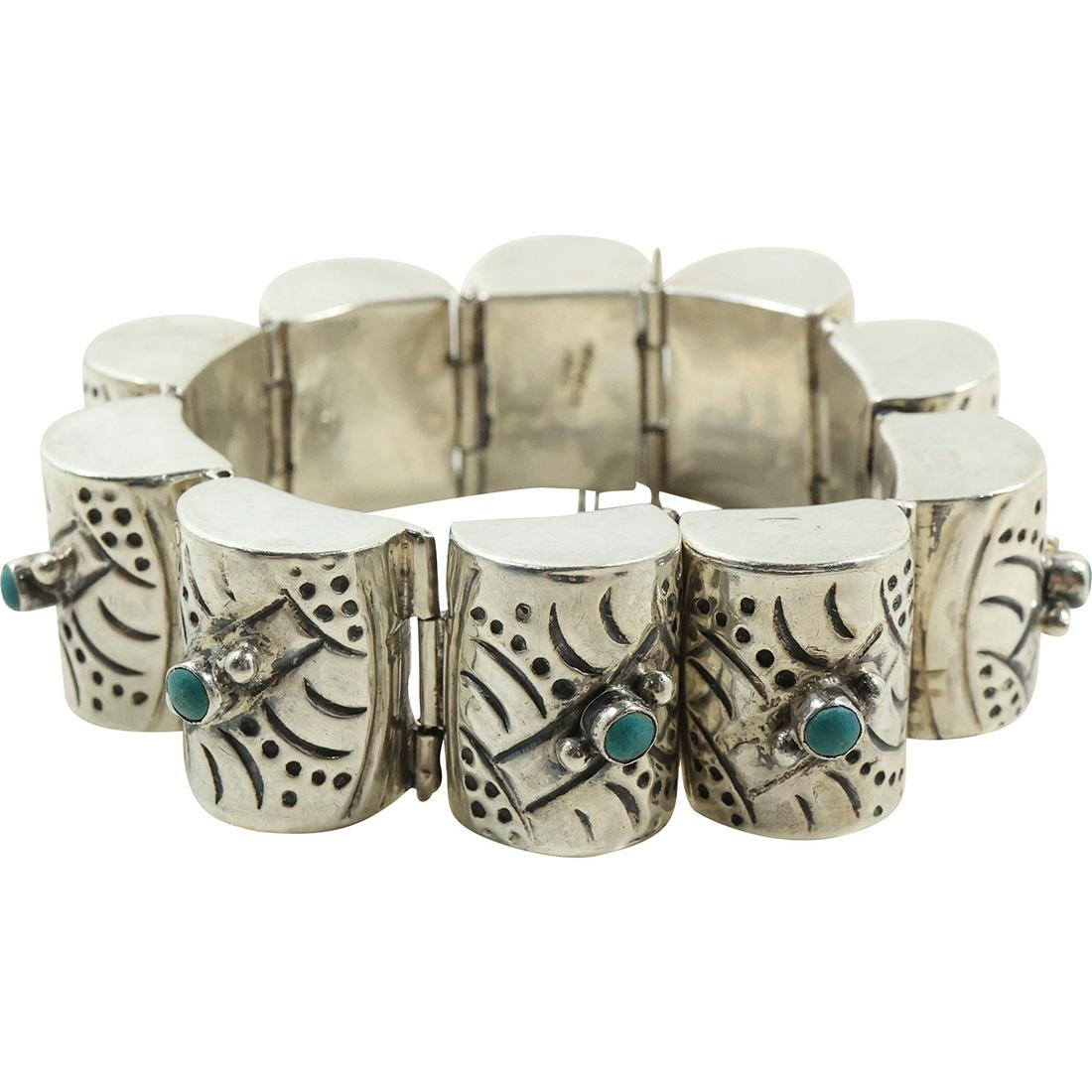 Taxco .925 Sterling Silver Finely Etched Barrel Links with Turquoise Bracelet 7 in. x 3/4 in. (1 of 11)