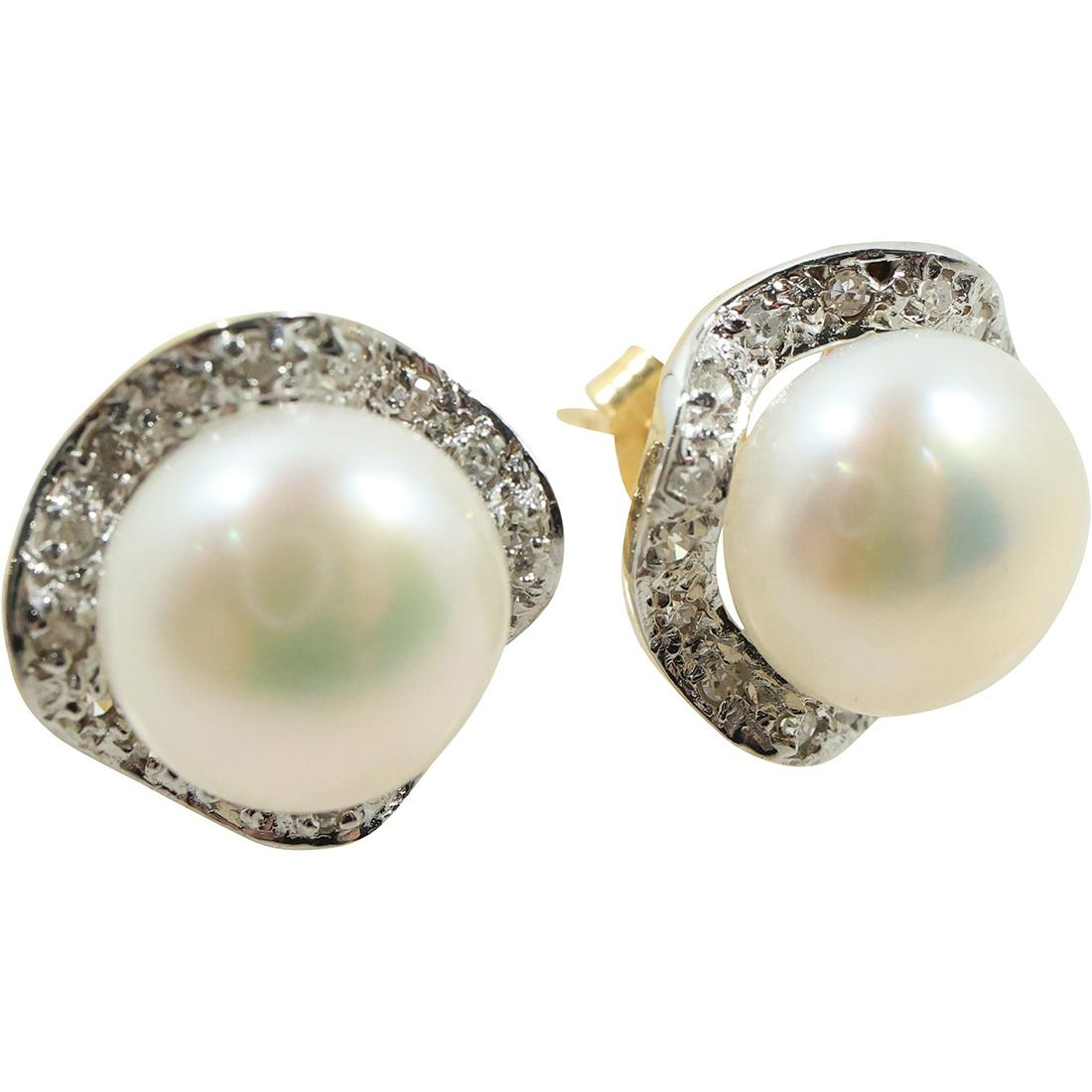 14K Gold Genuine Freshwater Cultured Pearls with Diamonds Earrings, 14K Gold Backs, 1/2 in. (1 of 8)