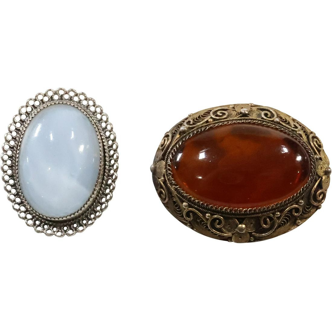 [2] Silver with Amber Pin & Beau Sterling Silver with Blue Chalcedony Pin: [2] Silver with Amber Pin 1 1/2 in. x 1 1/4 in. & Beau Sterling Silver with Blue Chalcedony Pin 1 in. x 1 1/4 in.