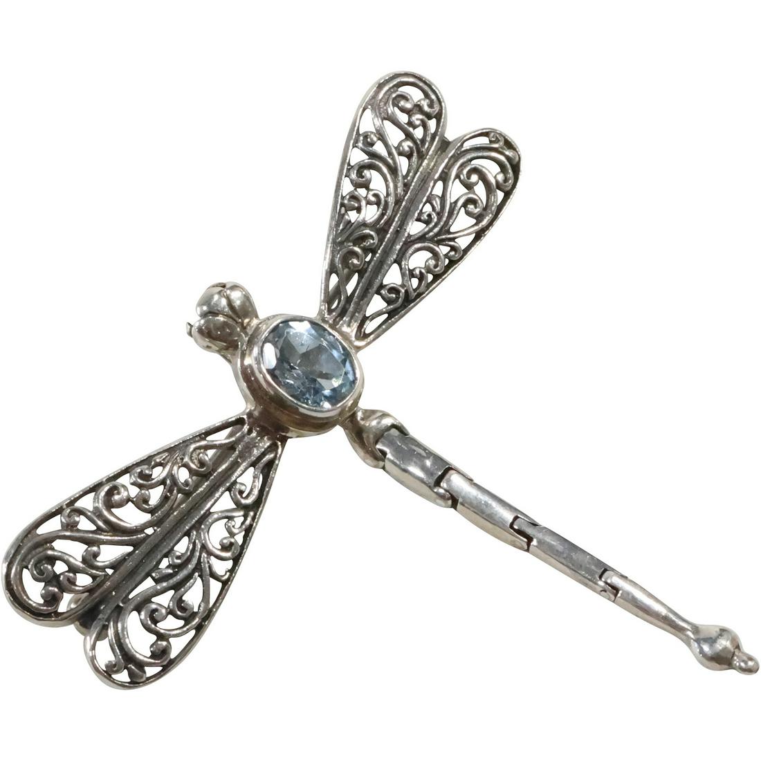.925 Sterling Silver Blue Topaz Body DRAGONFLY Figure Pin Pendant 2.5 in. x 2.25 in. (1 of 11)