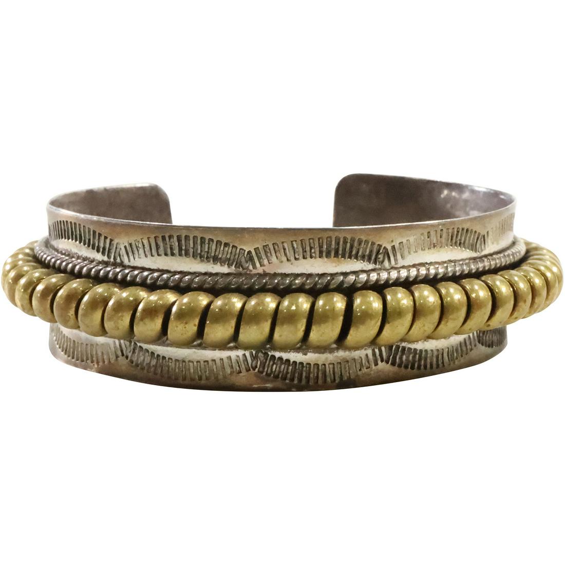 .925 Mexico Sterling Silver with Brass Applied Coil Cuff Bracelet 2 1/2 in. x 3 in. (1 of 9)