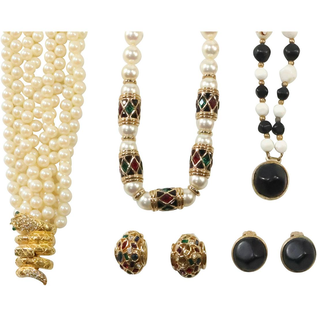 3 Pc. Swarovski Crystals and Faux Pearls Necklace , Earrings & 3 Pc. Lucite Black White Necklace: 3 Pc. Swarovski Crystals and Faux Pearls Necklace 18 in. x 1/2 in. , Earrings 1 1/8 in. x 7/8 in. & 3 Pc. Lucite Black White Necklace 16 in. x 1 1/4 in., Earrings 7/8 in. ; and Mimi AJN Faux Pearl Sna