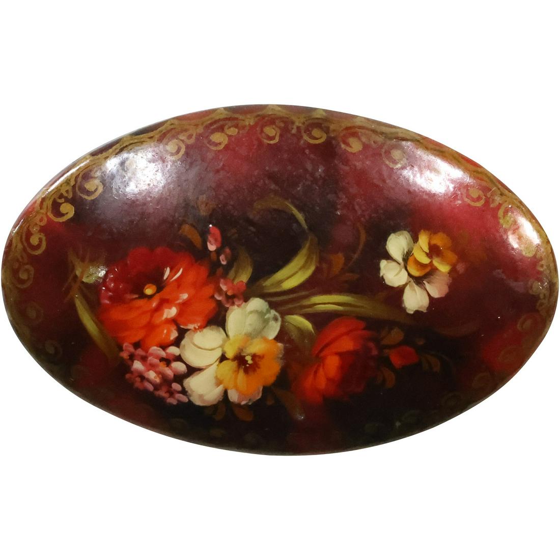 Hand Painted Oval Wood Panel Floral Still Life Pin 2 3/8 in. x 1 1/2 in., Signed Dated 1999 (1 of 10)