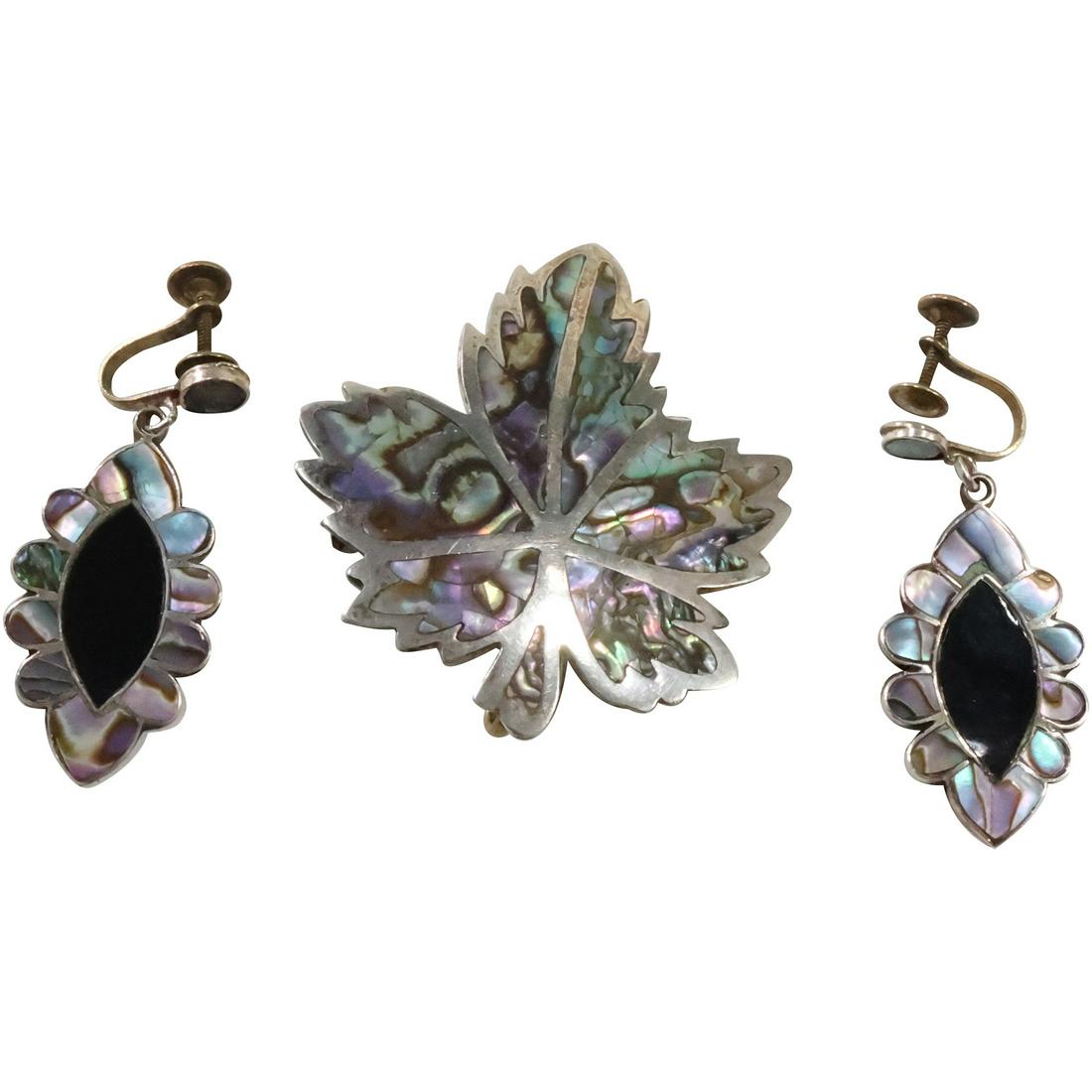 3 Pc Sterling Silver and Abalone Pin .925 Mexico and Screw Back Earrings .925 Taxco Abalone (1 of 14)