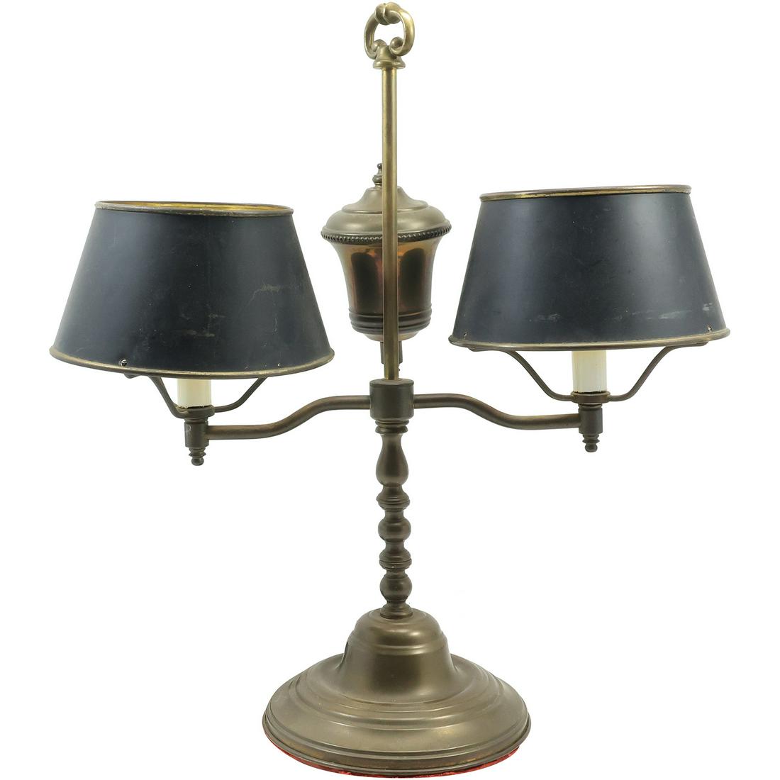 Vintage Brass Double Student Lamp with Original Toleware Shades 19 inches height, 17.5 in. wide (1 of 14)