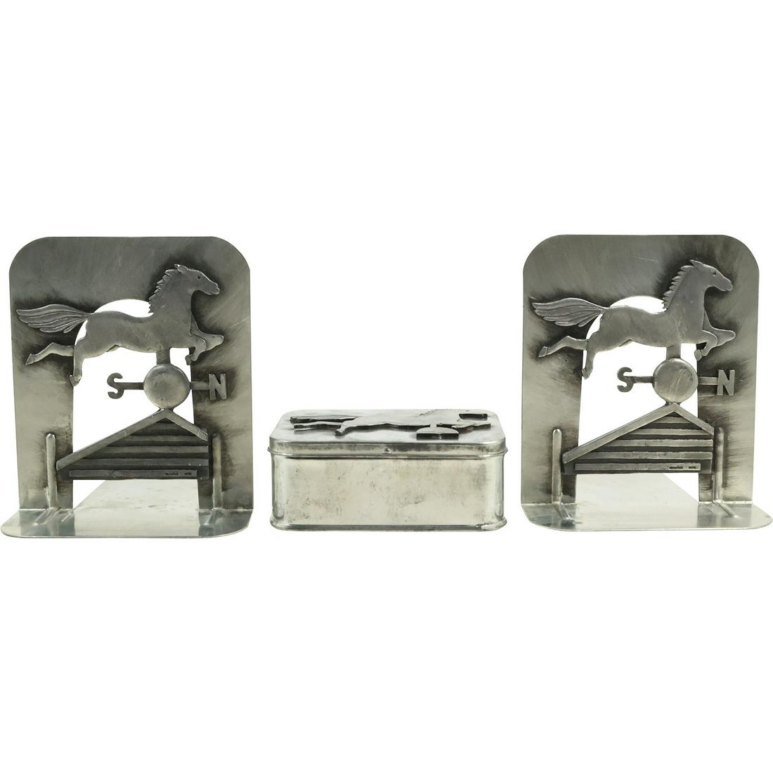 3 Pc. Designs by Metzke Polished Pewter Horse Weathervane Bookends and Trinket Box: 3 Pc. Designs by Metzke Polished Pewter Horse Weathervane Bookends and Trinket Box size: 5.5x4.75x6 (bookend), 1.75x4.5x3.25 (box)