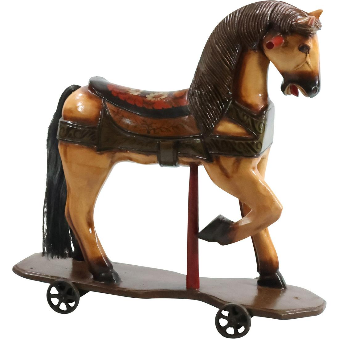 Novelty Caved Wooden Horse Pull Toy with Iron Wheels 24.5 inches length (1 of 12)