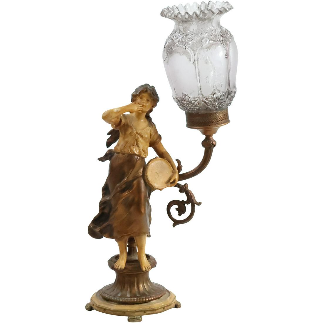 Cast Metal Spelter Classical Woman with Tambourine Lamp with Glass Shade 20.5 in. height (1 of 16)