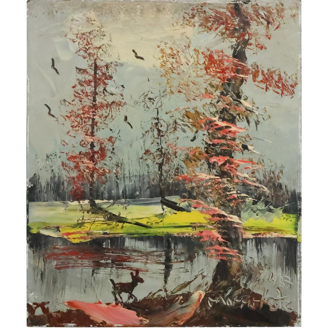Morris Katz 1987, Jewish American, Acrylic Painting River Landscape with a Deer: Morris Katz 1987, Jewish American, Acrylic Painting on board River Landscape with a Deer. Well Listed Artist. size: 24 x 20 ; ASKart: Morris Katz (born Moshe Katz on March 5, 1932 in Galicia, Poland, 