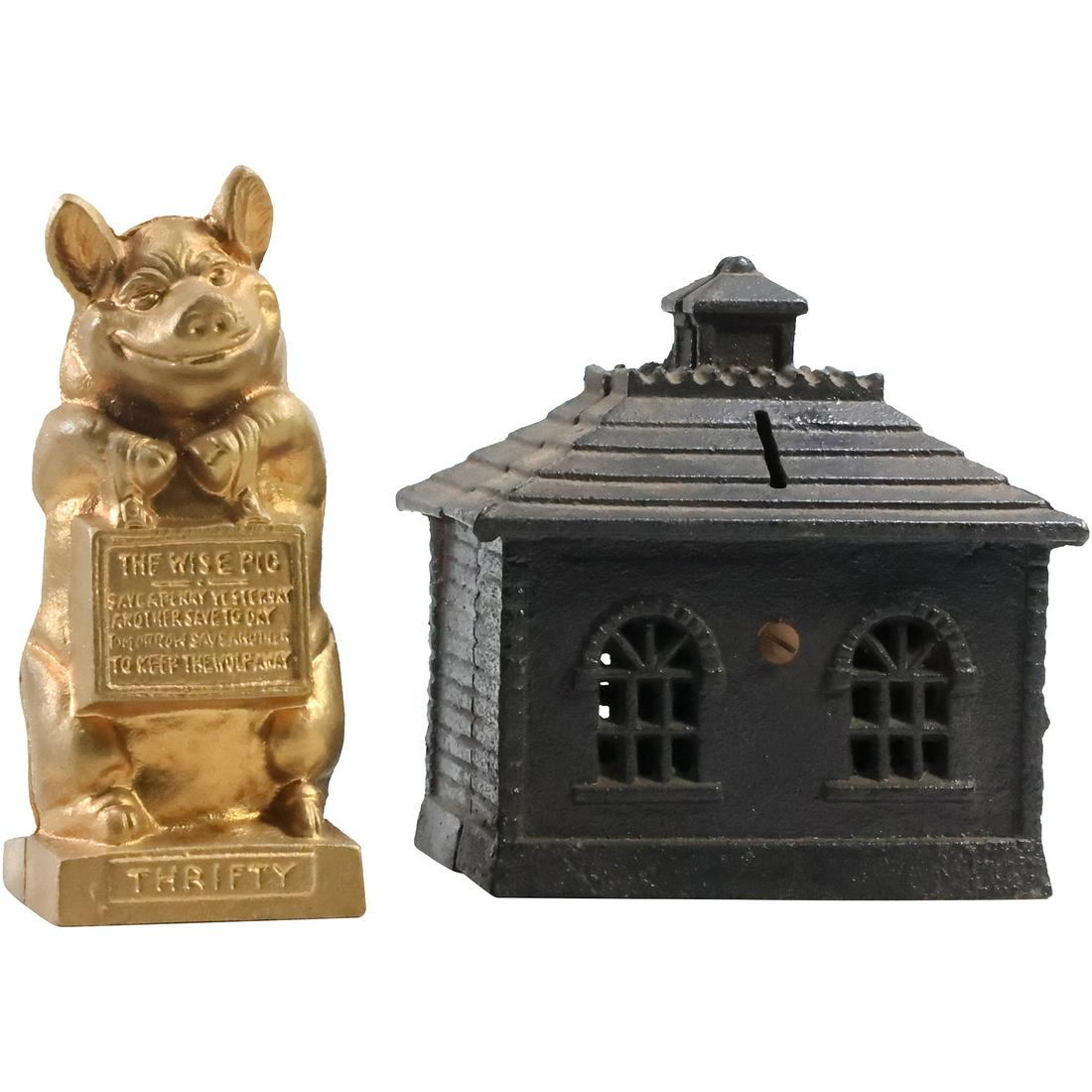 [2] Novelty Cast Iron Coin Banks Wise Pig And One Room Schoolhouse Auction