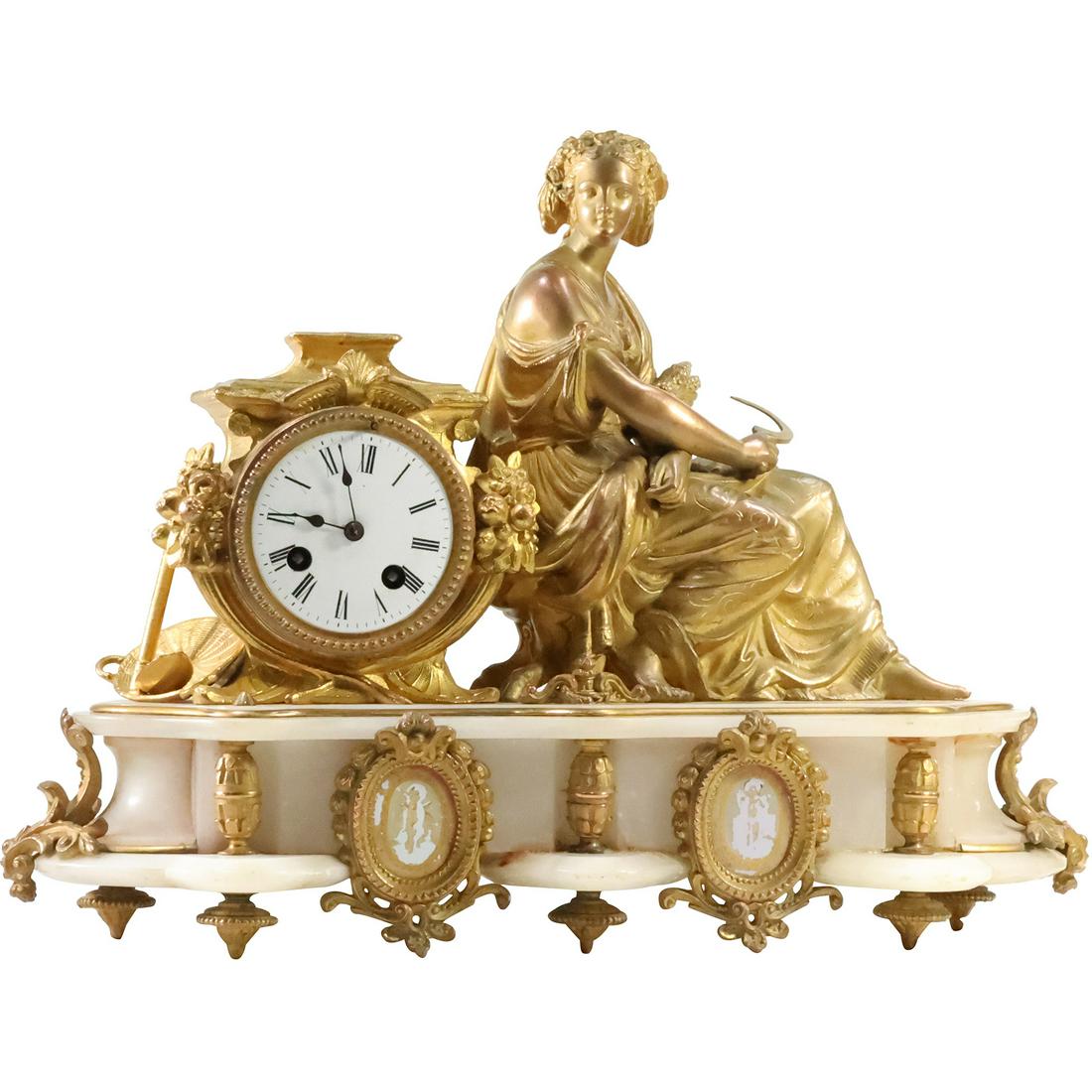 Quality French BRONZE and White Onyx Figural Mantle Clock Classical Woman 18 inches length (1 of 20)