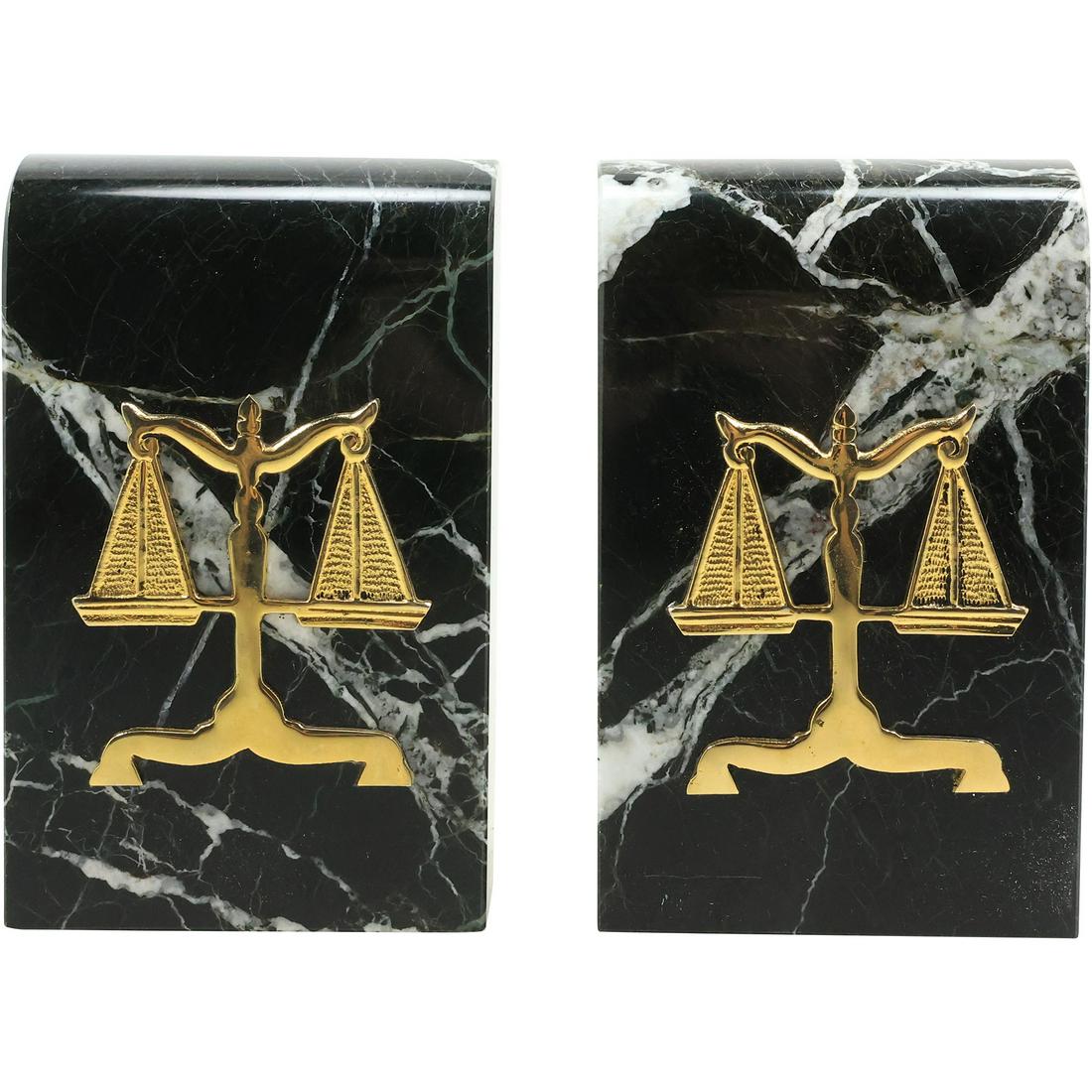 Polished Black Marble Bookends with Brass "Scales of Justice", 6.5 inches height (1 of 17)