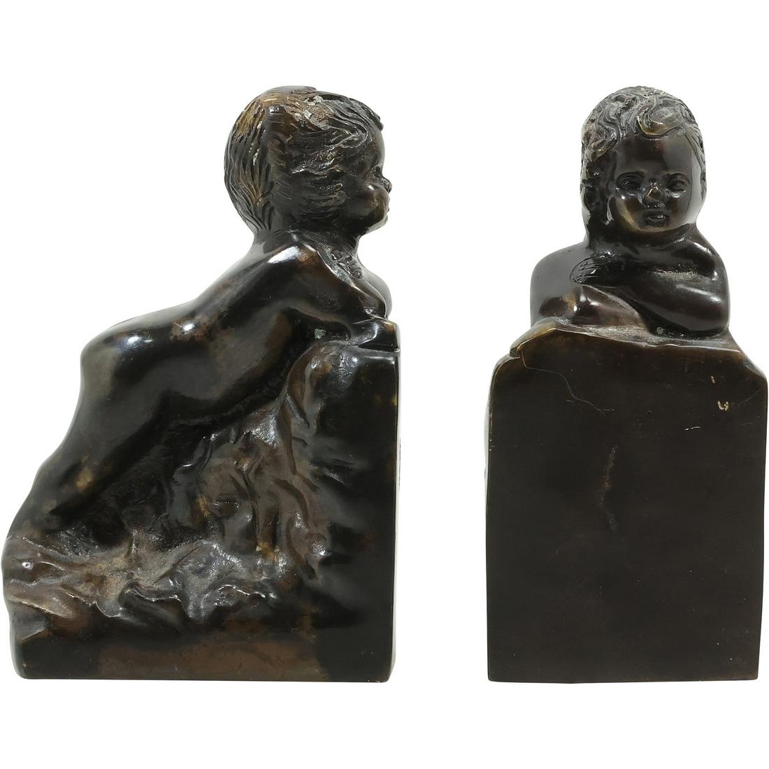 Early 19 C Heavy Cast Bronze Cherub Bookends 6.5 inches height, Good Patina (1 of 14)