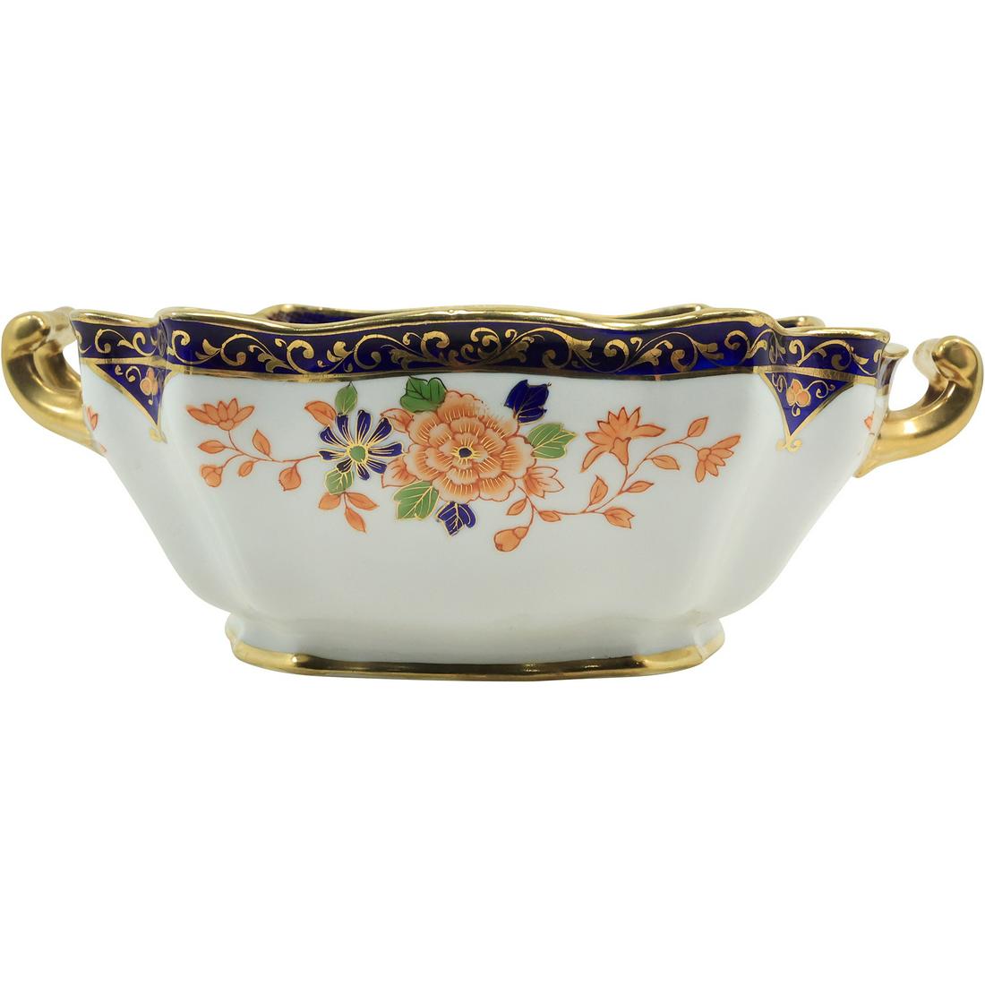 Fine Porcelain Center Bowl with Hand Painted Flowers, Cobalt Blue, Gold Accents 10.75 in. dia. (1 of 19)