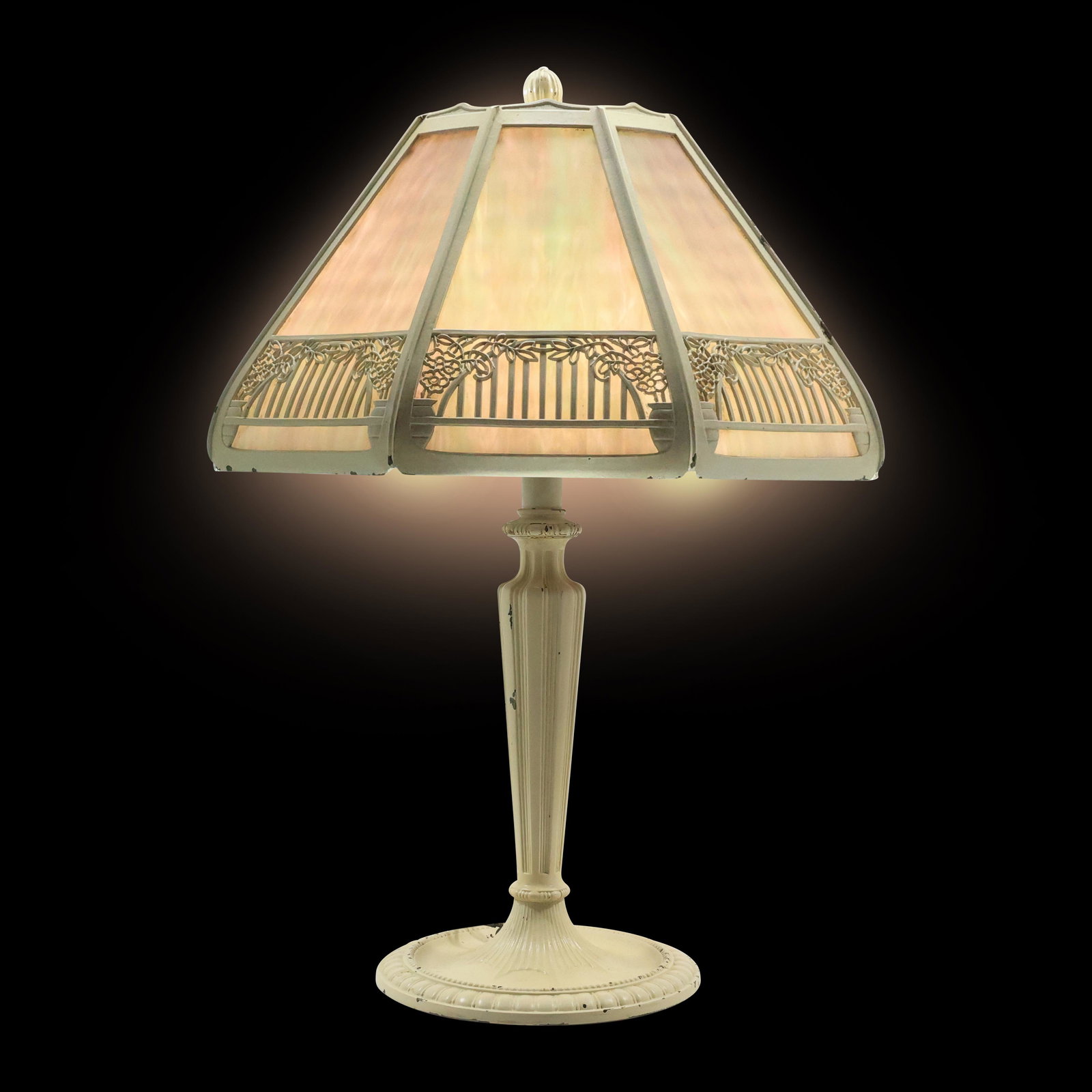 Signed BRADLEY & HUBBARD Slag Glass Overlay Filigree Shade Table Lamp 23 inches height (1 of 20)