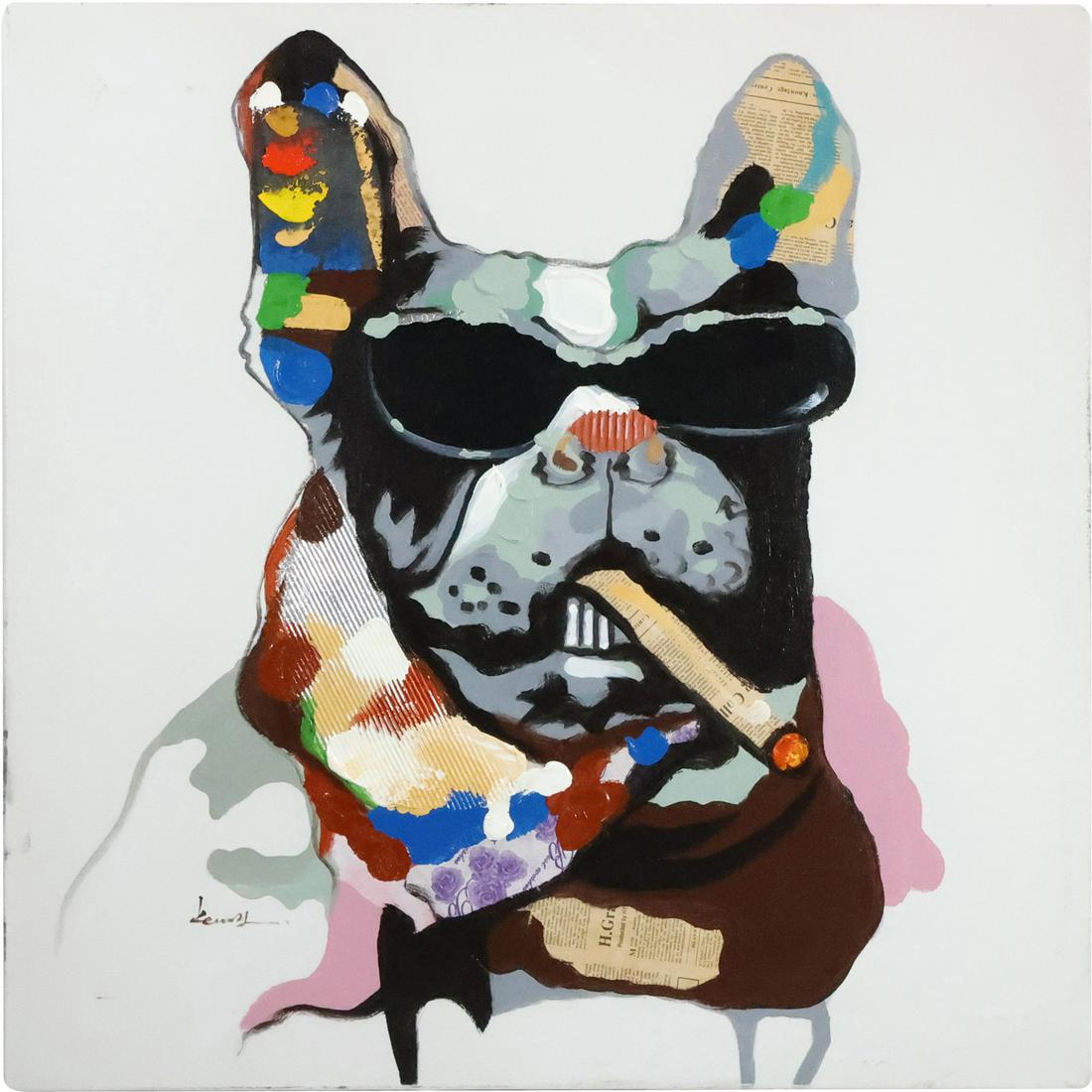 Signed Kenny, Colorful Giclee Art on Canvas Whimsical Dog Wearing Sunglasses Smoking: Signed Kenny, Colorful Giclee Art on Canvas Whimsical Dog Wearing Sunglasses Smoking. size: 31.5 x 31.5