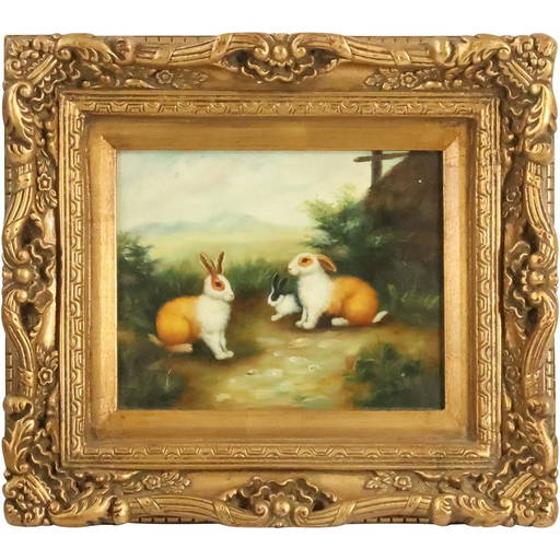 20th C. Oil Painting On A Wood Panel Rabbits In Natural Setting, Gold Frame
