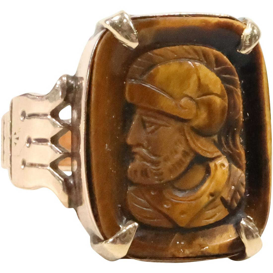 14K GOLD RING Size 10, Knight Carved into Tiger's Eye, Size 10, Weighs 3.8 dwt, 7/8 in. x 3/4 in. (1 of 8)