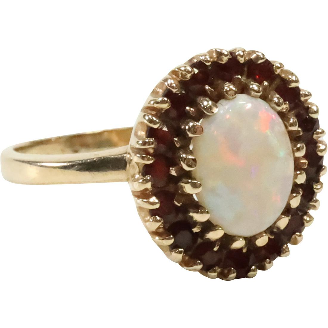 14K GOLD Opal Surrounded by 16 Garnets RING Size 9.75, Weighs 2.7 dwt, 3/4 in. x 5/8 in. (1 of 19)